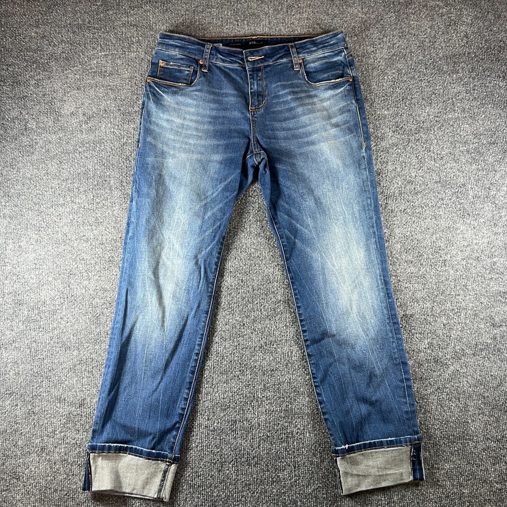 STS Blue Taylor Tomboy Jeans Womens 28 Blue Denim Whiskered Cuffed Hem Stretch